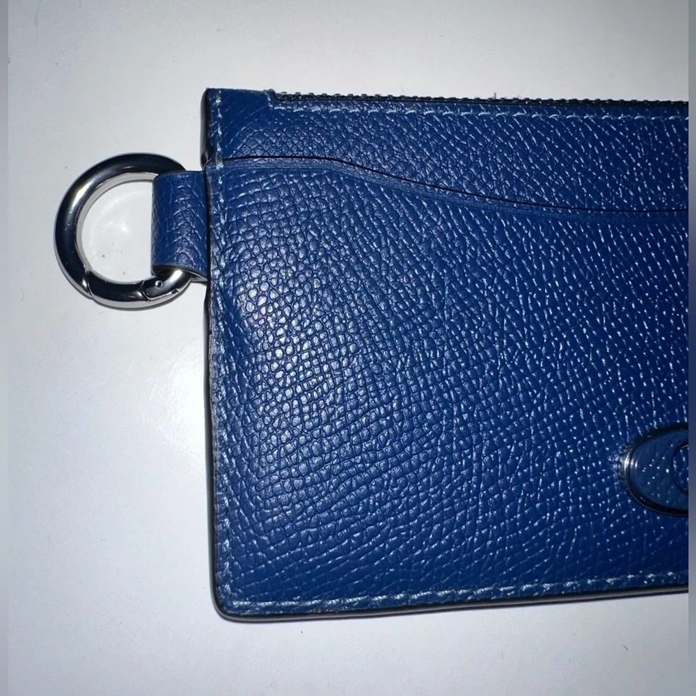 Coach Pebbled Leather Zip Card Case Wallet | Blue | Key Ring